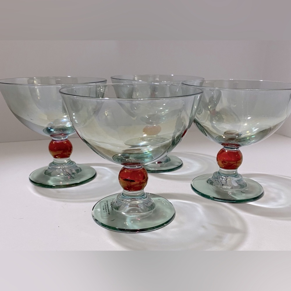 4 Rainbow Champagne Dessert Glasses Goblets Green Pink Iridescent Mila Int'l